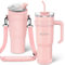 MOMSIV 40oz Thermobecher mit Stroh und Griff, 1100ml Kaffeebecher, Doppelwandiger Edelstahl Vakuum Auslaufsicher Isolierbecher für Kalte Heiße Getränke, Rosa mit Getränkehalter