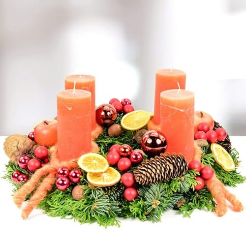 Frischer Premium-Adventskranz Weihnachtspunsch in Orange-Rot, handgebundener Kranz aus echter Nobilistanne, Durchmesser 30 cm, mit 4 hochwertigen Rustikkerzen, Adventszeit & Weihnachtsdekoration