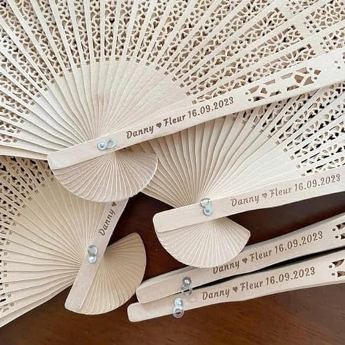 Ter 20/50/100Pcs Wedding Hand Fans Custom Name Wedding Gift for Guests Folding Hand Fan Wooden Hand Fans Sandalwood Fan (50 PCS)