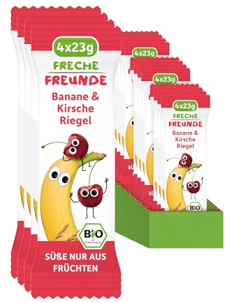 FRECHE FREUNDE Bio Fruchtriegel Banane & Kirsche, Obst Riegel für Babys und Kinder ab 1 Jahr, fruchtiger Snack ohne Zuckerzusatz, vegan, laktosefrei, 12er Pack, 12x (4x 23g)