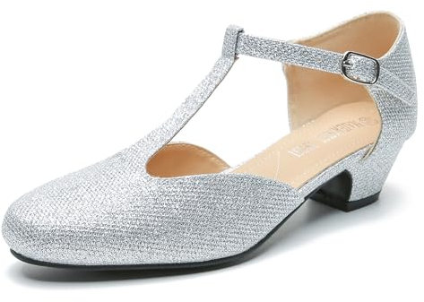 MAIERNISI JESSI Damen T-Riemen Low Chunky Heel Mary Jane Pumps Cut Out Hochzeitskleid Schuhe, Silber Glitter, 40 EU