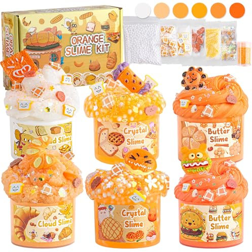6 Packungen Orange Schleim mit Farbverlauf - Wolkenschleim, Butter Schleim & Clear Schleim, Schleim für Kinder mit Verschiedenen Schleimzusätzen, Schleim-Partygeschenke für Mädchen und Jungen(Dessert)