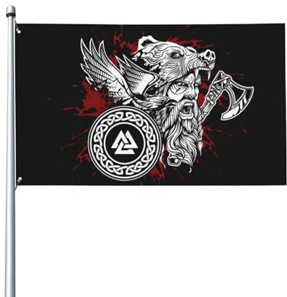 Odins Wikinger-Krieger-Bär auf seinem Kopf, Flagge für Haus, Rasen, hängende Dekoration, Hofbanner, Urlaub, Willkommensflaggen mit 2 Metallösen, für drinnen und draußen, 150 x 90 cm