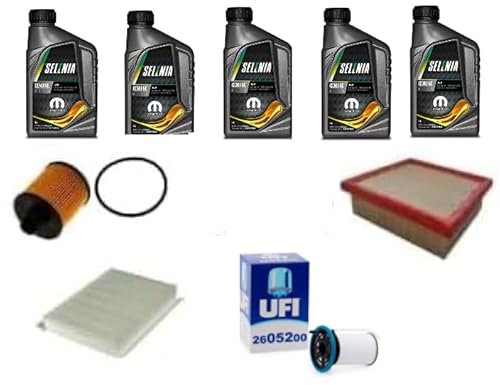 AOQ - KIT TAGLIANDO 4 FILTRI COMPATIBILE CON FIAT 500X, COMPATIBILE CON JEEP RENEGADE 1.6 2.0 MTJ (DIESEL) + 5 LITRI OLIO SELENIA WR5W40_ acea b3/b4, (con filtro carburante primo impianto)