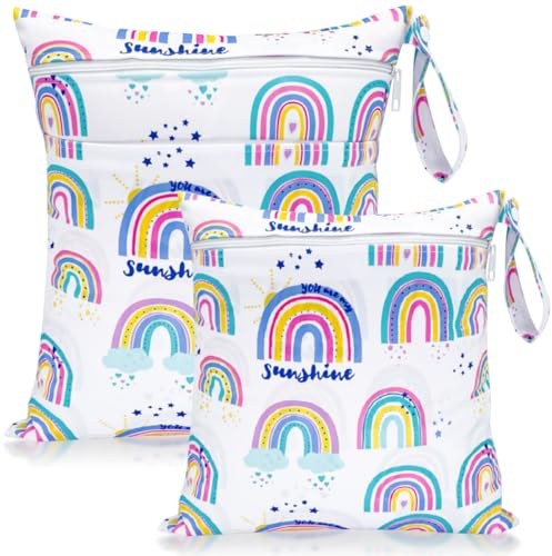 HOTLIKE Bolsa de Pañales, 2PCS Bolsa Impermeable Reutilizable para Bebe, Ropa Seca y Húmeda Organizador de Pañales, Wetbag Lavable Neceser para Viaje Playa Deporte Guardería Merienda (Arco Iris)