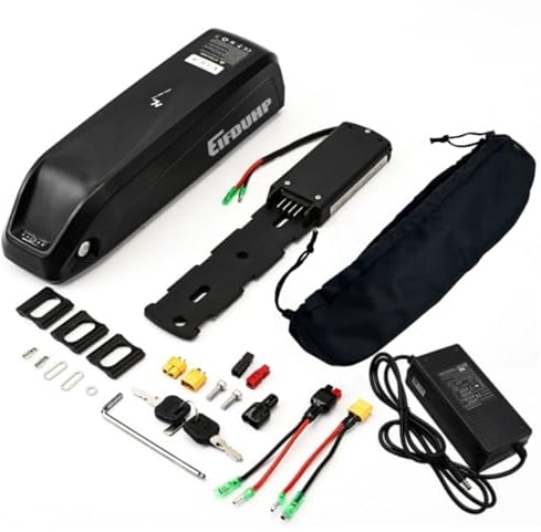 Ebike Akku 36V / 48V, Ebike Batterie Pack mit Ladegerät, 4Pin / 5Pin Grundplatte, Sicherheitssperre & Batteriestandsanzeige für 50-1500W Motor (36V 10AH für 0-750W,mit Batterietasche)