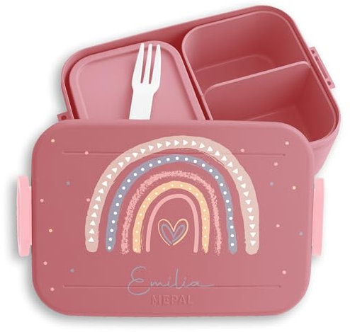 Kinder Bento Box Midi Lunchbox Mepal Bentobox - Kinder-Brotdose mit Regenbogen mit Namen | Ideal für Kita und Grundschule | Geschenk zur Einschulung Mädchen - 900 ml - Rosa - lunch girls