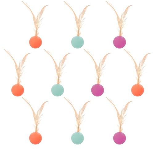 Cretvestsar Katzen-Hüpfbälle mit Federn – 10 Stück, 2,5 cm, interaktive Gummi-Spielbälle, Spielzeug für Katzen, Indoor-Spielzeit, Solo-Spiel, Übung, Jagdspiele, zufällige Farben