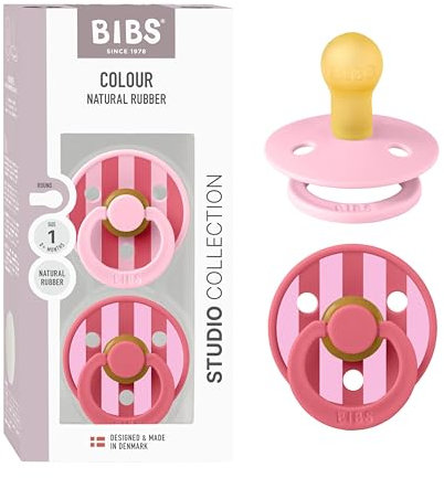 BIBS Colour Studio Schnuller 2er-Pack. BPA-frei. Kirschform Nippel. Naturkautschuk/Latex. Hergestellt in Dänemark. Größe 1 (0-6 Monate). Block Baby Pink Coral