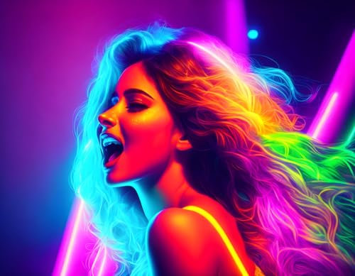 OuDeZjzhu Leinwandbild, 58 x 90 cm, singendes Mädchen, Neonlichter, helle Farben, ohne Rahmen