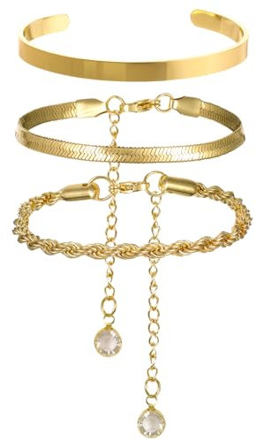 3 Stück Armbänder Gold Armband Damen Bracelet Edelstahl Armbänder Set 14 Karat Vergoldet Eleganter Boho-Stil Stapelarmbänder Armkette Damen Golden Verstellbare Wasserdichter Schmuck Für Damen