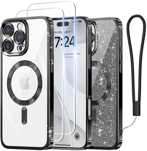 Meifigno Hülle Entwickelt für iPhone 16 Pro, [Kompatibel mit MagSafe][2 Displayschutzfolien] [Glitzerkarte & Handschlaufe] Vollständiger Kameraschutz Entwickelt für 6,3 Zoll Handyhülle, Schwarz