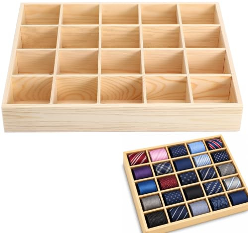Cabilock Schubladen Organizer aus Holz, 20 Fächer, 34 x 27 x 5 cm | für Socken, Unterwäsche und Accessoires, Schubladeneinsatz für Kommode und Kleiderschrank
