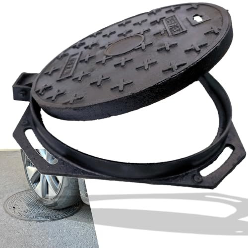 MASSLUNT Schachtabdeckung und Rahmen aus Gusseisen, 40,6 cm, B-Klasse schwarzer Klärgrubendeckel mit Boden, runder Abwasserbeckendeckel, robuste Metall-Inspektionsabdeckung für Auffahrt, Beton, Hof