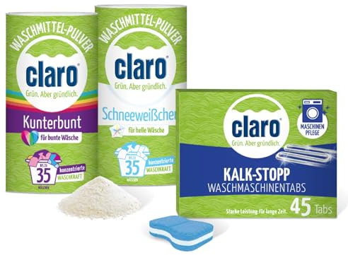 claro Waschmaschinen Paket - je 1kg Schneeweißchen & Kunterbunt für je 35 Wäschen inkl. claro 45 Kalk-Stop Tabs - vegan, nachhaltig, Mikroplastik- und Farbstoff-frei