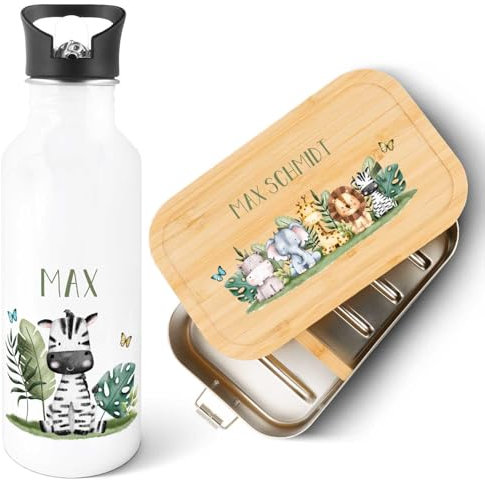 GRAVURZEILE - Bedruckte Trinkflasche & Brotdose Set - Tiergruppe Safari - Personalisiert mit Namen - Edelstahl Trinkflasche 600 ml, Brotdose mit Deckel - Geschenk zur Einschulung für Jungen & Mädchen
