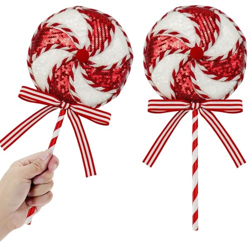 2Pcs Red and White Candy Cane Christmas Decorations - Shiny Sequin Peppermint Lollipop Ornaments for Xmas Tree Holiday Party Home Decor (15X38cm)