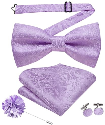 Hi-Tie Vorgebundene Fliege aus Seide für Herren, zum Anklipsen, verstellbare Fliege, Blumenmuster, Anstecknadel, Einstecktuch, Manschettenknöpfe-Set, Lila B, M