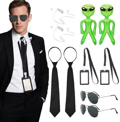 EUPSIIU Juego de 12 accesorios para disfraz de agente secreto, accesorios de disfraz de espía con lentes de sol, accesorios inflables, soporte para tarjetas de alienígenas verdes, auriculares falsos