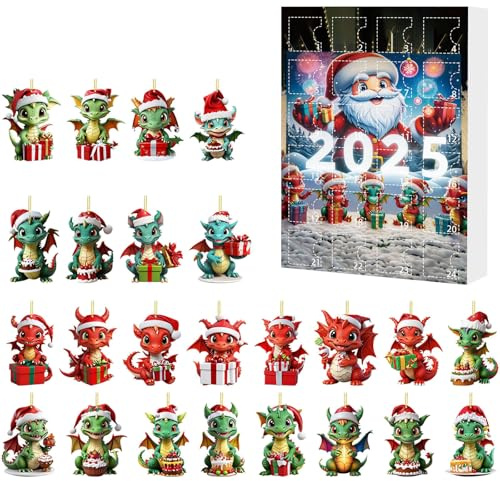 Calendario dell'Avvento di Natale Dinosauro Decorazioni da appendere per albero di Natale, calendari di conto alla rovescia 24 giorni Figurine da collezione in acrilico per decorazioni festive