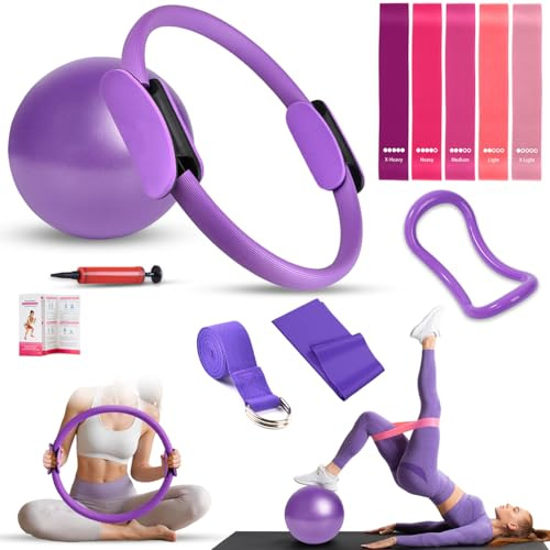 RIZENCE 12 Teiliges Pilates Set für Zuhause - 15’’/38cm Pilates Ring Upgrade, 5er Fitnessbänder, Pilates Ball, Yoga Ring, Pilates Band, Fitness-Guide, Home Pilates Essential Kit für Frauen - Lila