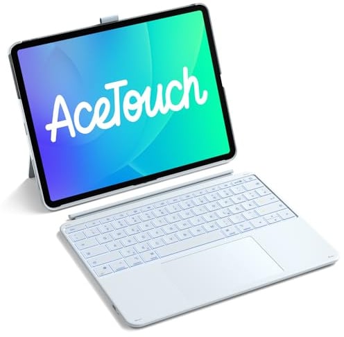 Inateck Hülle mit Tastatur iPad Air 13, großes 6 Präzisions-Touchpad | für iPad Pro 12,9, abnehmbar, vertikal/horizontal, 7 FarbigerBeleuchtung, verstecktes Stiftfach, AceTouch, Blau