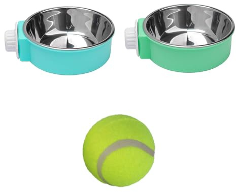 Lot de 2 gamelles pour cage pour animal domestique, 2 en 1, bol à suspendre pour chien, bol d'eau amovible pour petits animaux, 1 balle de tennis