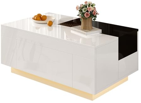 XPSSJMU Table Basse laquée Brillante, Plateau Extensible Noir et Blanc, Espace de Rangement dissimulé et éclairage réglable à 16 Couleurs – Le Choix idéal pour Un Salon élégant.