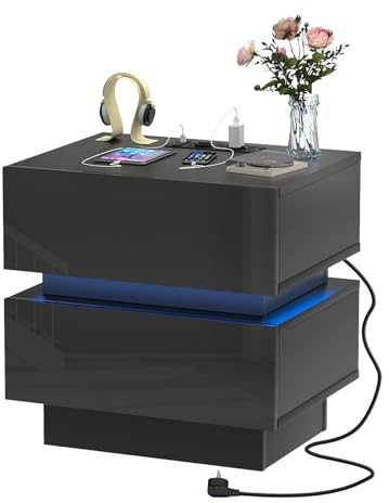 Ysgwsg Table de Chevet, Table de Nuit LED avec 2 Tiroirs, Table de Chevet avec Prise Intégrée, Table d'Appoint Moderne, Tables de Chevet Noir pour Chambre à Coucher ou Salon. (Noir, 45x35x46cm)