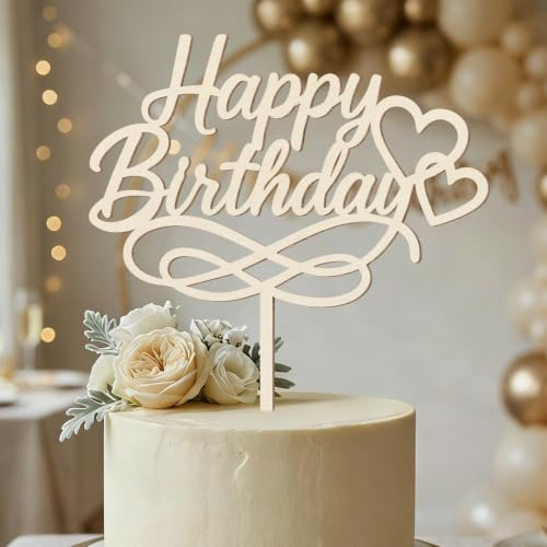 I LOVE MOM Tortendeko Geburtstag Holz - Happy Birthday Cake Topper - Tortenstecker für Geburtstagstorte