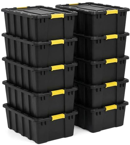 NOVECRAFTO 150L Extra Large Storage Box with Lid, 10 Pack – Heavy-Duty Storage Box with Carry Handles, Durable Plastic, Clip Locks, Padlockable & Stackable – Garage, Shed & Outdoor Use (Black)