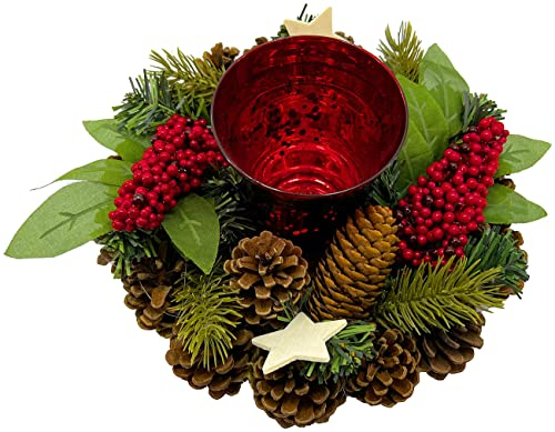 Britesta Weihnachtdeko: Handgefertigtes Weihnachts- & Adventsgesteck mit Teelicht-Halter, 23cm (Weihnachts Gesteck, Weihnachtsgesteck mit Teelichter, Adventsgestecke mit Teelichtern)