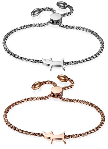 JewelryWe Katze Armband Damen Armkette: 2 Stück Edelstahl Cartoon Kätzchen Verstellbar Dünne Charm Armkette Armreif Schmuck Geschenk für Frau Mädchen