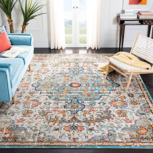 SAFAVIEH Boho Teppich für Wohnzimmer, Esszimmer, Schlafzimmer - Madison Collection, Kurzer Flor, Grau und Hellblau, 91 X 152 cm