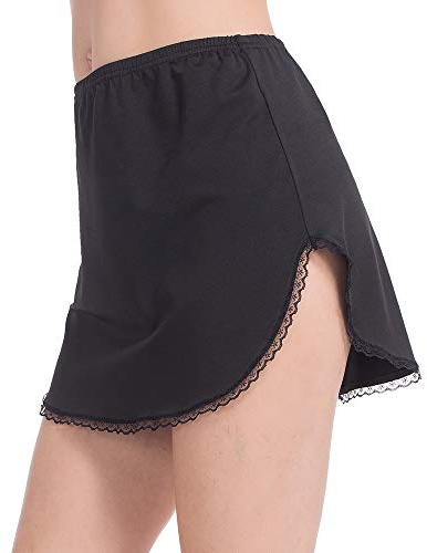 MANCYFIT Half Slip for Women Underskirt Short Mini Skirt Slit Lace Trim Black Small