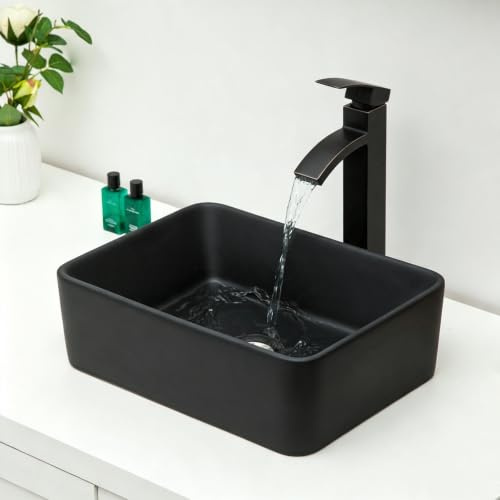 ichae Waschbecken aus Porzellan, rechteckig, 40,6 x 30,5 cm, Schwarz