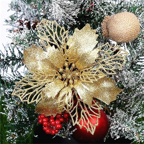 GLITZFAS 12 Stück Glitter Weihnachtsbaum Dekoration, Weihnachtsbaumschmuck Ornament Weihnachten Blumen Dekor, Christbaumanhänger (Gold,16 cm)