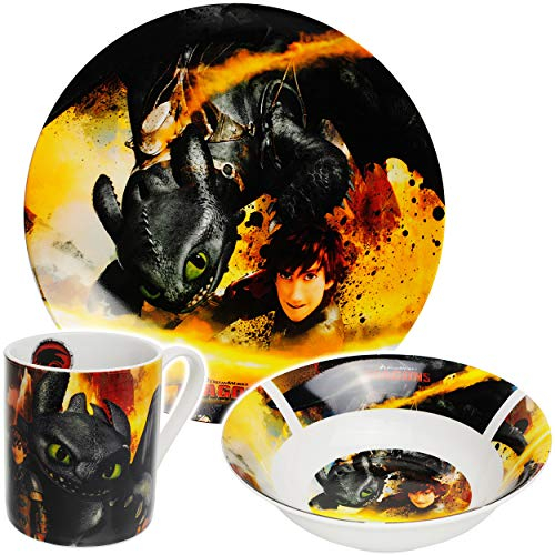 alles-meine.de GmbH 3 TLG. Geschirrset - Porzellan/Keramik - Dragons - Drachenzähmen leicht gemacht - Trinktasse + Teller + Müslischale - Kindergeschirr - Frühstücksset für Kin..