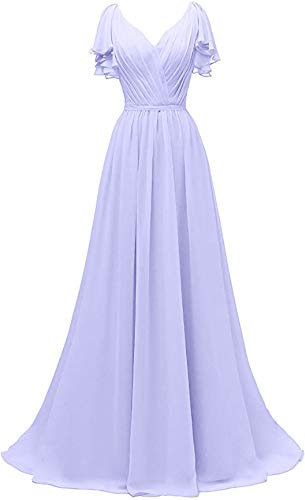 Snow Lotus Damen V Ausschnitt A Linie Chiffon Brautjungfernkleid mit Rüschen Ärmeln Formales Abendkleid Gr. 50, Flieder