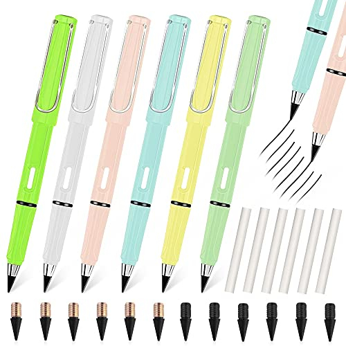 QINERSAW 6 Stück Tintenlose Bleistifte Ewig Stift Unendlicher Schreibstift Unbegrenzter Magische Bleistift ohne Anspitzen Wiederverwendbar Tintenschreiber Magic Pencil mit Gummi 12 Ersatzspitzen
