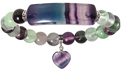 Nupuyai Fluorite Healing Crystal Stone Bracelet for Women, Lucky Heart Charm 8mm Beads Stretch Bracelet