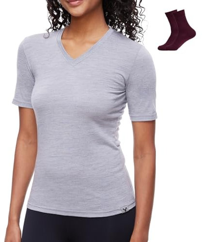 MERINNOVATION Merinowolle T-Shirt Damen Wandern und Outdoor Atmungsaktiv und Geruchsneutral Merino Unterwäsche Base Layer + Merinowolle Socks
