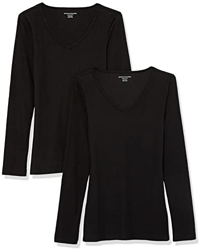 Amazon Essentials Women's Slim-Fit Layering Long-Sleeve Knit Rib V-Neck Shirts (Available in Plus Size), Pack of 2, Black, S