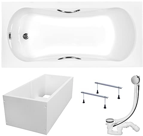 KOLMAN Badewanne ARIA Rechteck 150x70 mit Wannenträger, Ablaufgarnitur und Füßen Komplettset 4in1 Premium Original Acryl Wanne Siphon