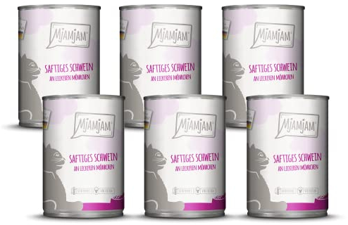 MjAMjAM - Premium Nassfutter für Katzen - saftiges Schwein an leckeren Möhrchen, 6er Pack (6 x 400 g), getreidefrei mit extra viel Fleisch