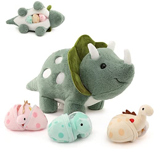 MorisMos 45cm Dino Kuscheltier XXL, riesen Triceratops Kuscheltiere mit 3 Baby im Bauch, Weich gefülltes Dinosaurier Stofftier Spielzeug Kissen Puppe Geburtstag Geschenke für Kinder