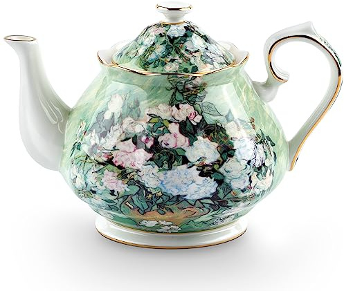Teapot 30 oz Vangogh Paintings Bone China Loose Tea Pot Floral Design Vintage Ceramic Coffee Water Pot European Style Porcelain (White Rose)