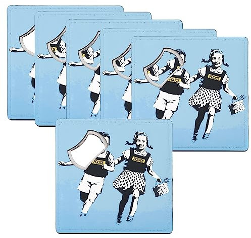 sous Verre Décapsuleur - Banksy Jack & Jill Police Enfant Gillet Pare Balle - Lot de 6 (92 x 92 mm)
