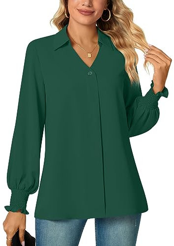 Aodemo Women's Fall Collared V Neck Business Blouse Loose Puff Long Sleeve Shirt Chiffon Tunic Dressy Tops with Smocked Cuffs S, Dark Green