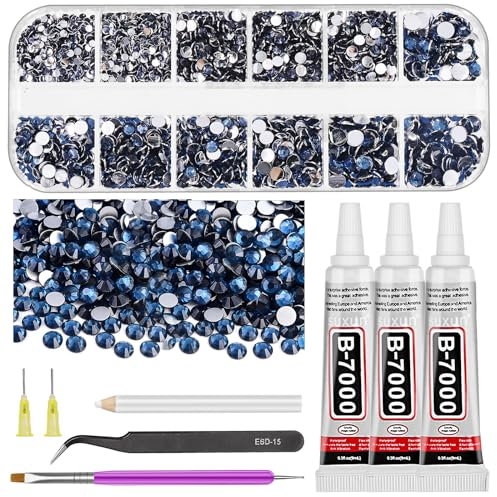 GLARKS Rhinestone Gems Kit, 2600Pcs Ink Blue Rhinestones with Gems Adhesive Flat Back Gems Crystal Rhinestones with 6Pcs Dotting Tools for Craft, Nail Art